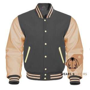 Varsity Letterman Dark Grey wool Cream Leather Sleeves Bomber Jacket Baseball Wool Jacket