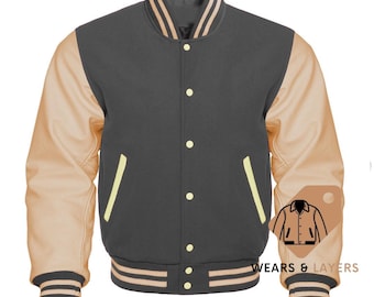 Dark Grey Wool Varsity Jacket: Cream Leather Sleeves, Baseball Style