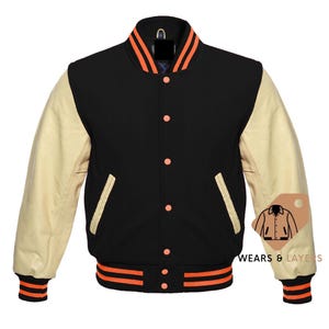 Varsity Letterman Black wool Cream Leather Sleeves with Orange Ribs Bomber Jacket Baseball Wool Jacket
