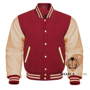 Varsity Letterman Cardinal Wool Cream Leather Sleeves Bomber Jacket Baseball Wool Personalized Jacket
