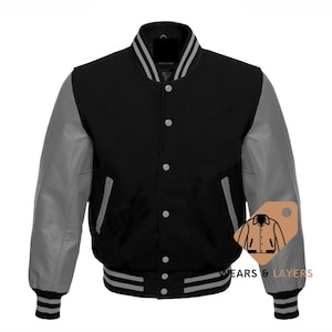Varsity Letterman Black wool Grey Leather Sleeves Bomber Jacket Baseball Wool Jacket