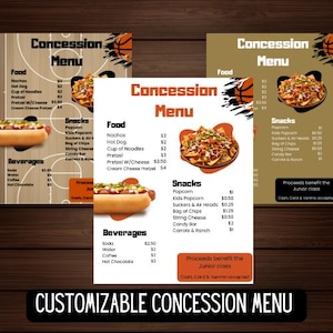 May include: A customizable concession menu template featuring a basketball theme with a graphic of a basketball, a plate of nachos, and a hot dog. The menu lists food, snacks, and beverage items with prices, and includes the text Proceeds benefit the Junior class.