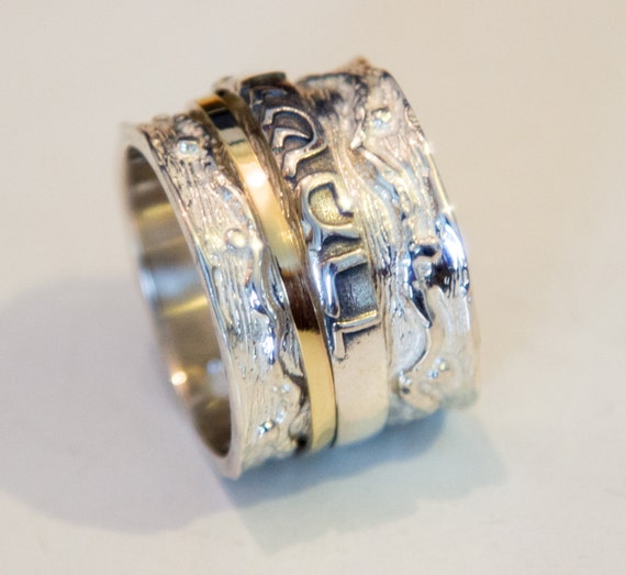 Jewish Hebrew Meditation Ring. Hebrew Engraved Blessing Ring. Silver & gold ring. Kabbalah Rings