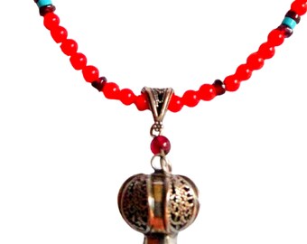 Sterling Silver Necklace Pendant Pomegranate garnets corals  Israeli necklace jewelry