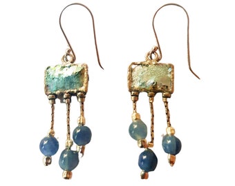 Designer Roman Glass Earrings: Roman Glass Pendiente, Silver Orecchini Pendenti, Unique Israel Jewelry, Handcrafted Earrings for Women