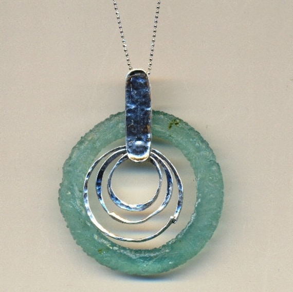 Ancient Roman Glass Necklace with Oval Glass Concentric Circles Sterling Silver Ancient Roman Glass Necklace with Oval Glass Concentric Circles Sterling Silver