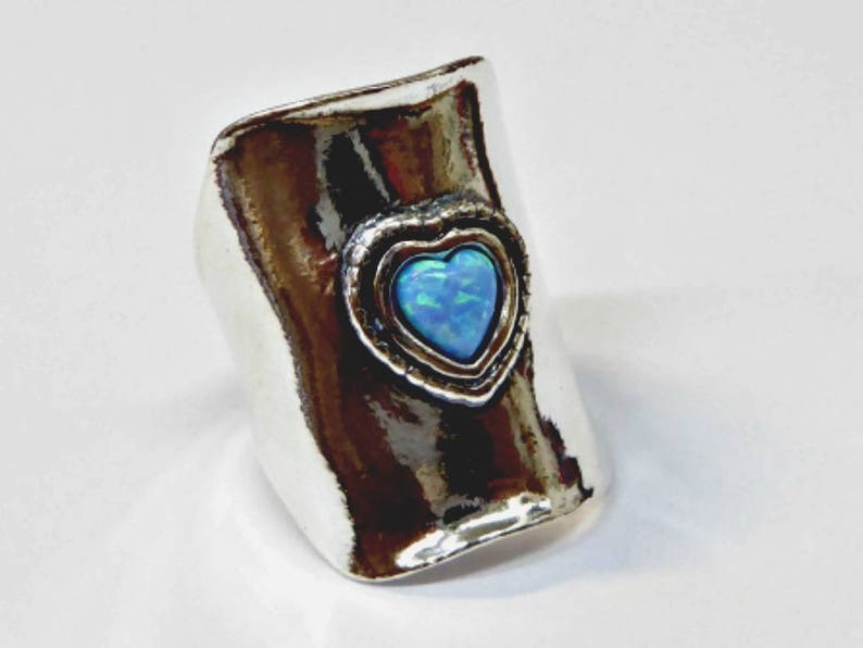 Israeli designer Bohemian ring Sterling silver Hammered Ring Boho Heart blue opal ring