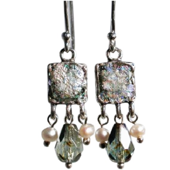 Roman glass earrings for women with pearls / orecchini pendenti argento / israel jewelry roman glass earrings romani / israelische schmuck
