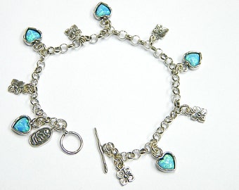 Charms Bracelet, Sterling Silver Bracelets , Blue opals bracelet ,  Boho jewelry, Bluenoemi Jewelry, Heart Charms , Blue opals charms