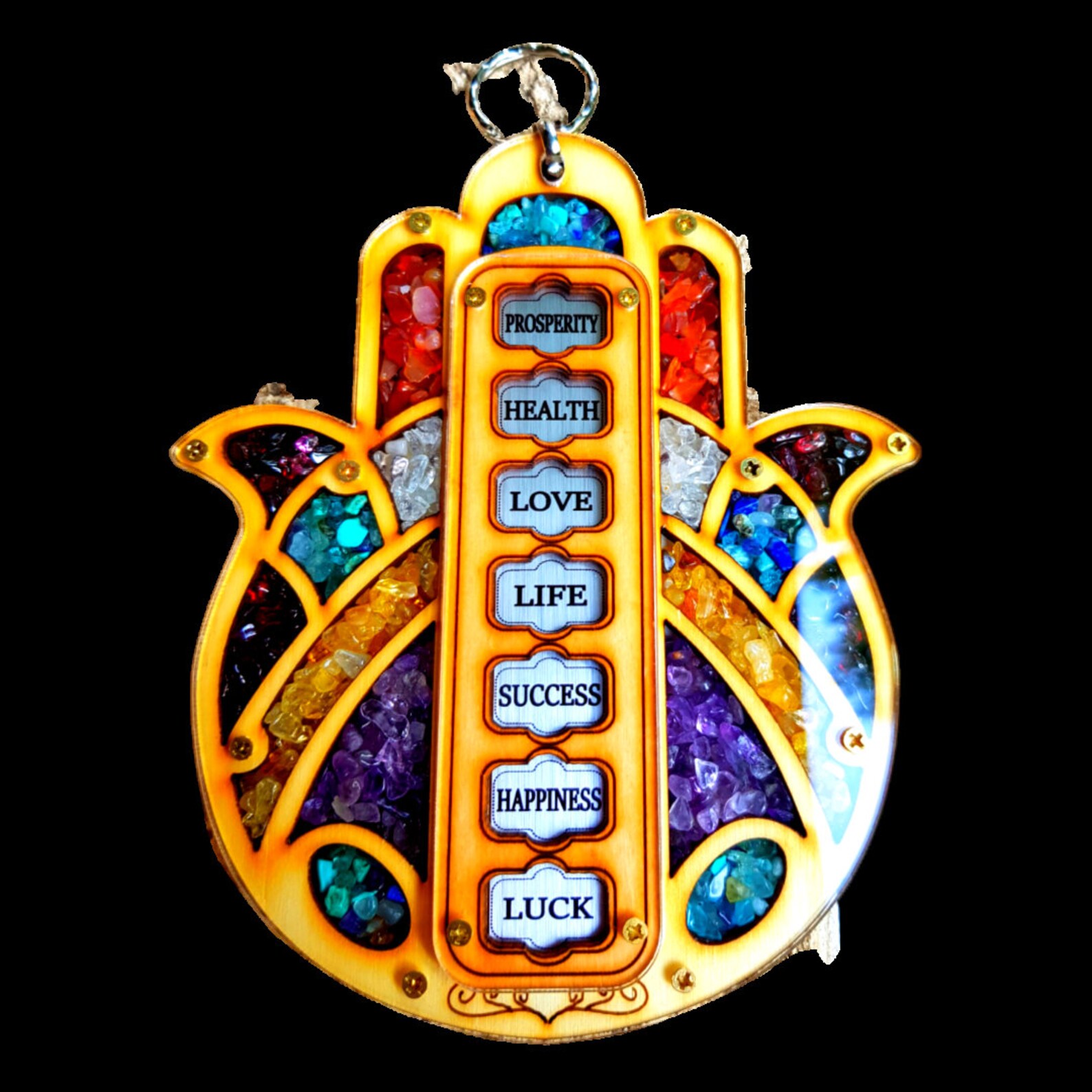 Bluenoemi Hamsa Seven Blessings, Hamsa House Blessing, Home Decor Semi Precious Stones, Blessing in English / Hebrew / Russian