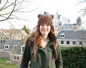 Chunky Knit Cat Hat - Chocolate Brown Tweed - Womens Ear Flap Hat