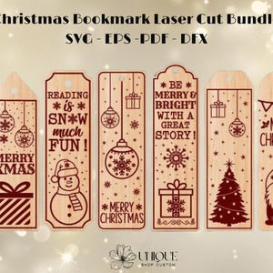 May include: Set of six laser cut Christmas bookmark designs. The bookmarks feature various Christmas themes, including a snowman, a Christmas tree, a gnome, and a snowflake. The text on the bookmarks includes "Merry Christmas", "Reading is Snow Much Fun", and "Be Merry & Bright with a Great Story!"