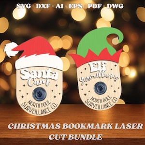 以下が含まれることがあります： レーザーカットされた木製のクリスマスブックマーク2つ。1つはサンタクロースの帽子に「サンタカム」という文字が書かれており、もう1つはエルフの帽子に「エルフ監視」という文字が書かれています。両方のブックマークにはカメラのアイコンと「北極監視会社」という文字が書かれています。