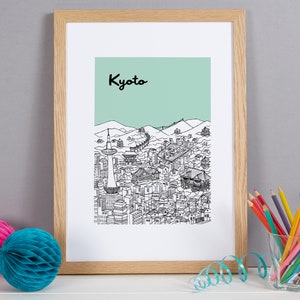 May include: A framed print with a black and white illustration of the Kyoto skyline. The print has a light green background and the word "Kyoto" in black lettering at the top.