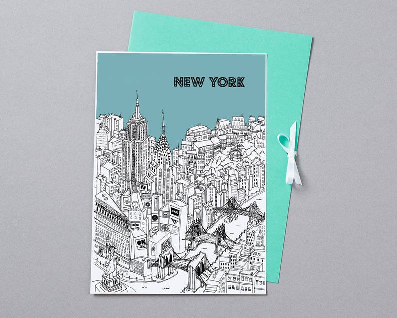May include: A black and white illustration of the New York City skyline, including the Empire State Building, Chrysler Building, and Brooklyn Bridge, is featured on a card. The card is paired with a teal envelope tied with a white ribbon.