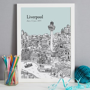 Op de afbeelding: Een zwart-witte lijntekening van de skyline van Liverpool, inclusief het Liver Building, het Royal Liver Building en de Radio City Tower. De tekening is op een lichtblauwe achtergrond met de tekst "Liverpool" en "Katie & Sam 2015" in zwart.