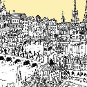 Op de afbeelding: Een zwart-witte lijntekening van een skyline met veel gebouwen, bruggen en een hoge toren. De tekening is op een gele achtergrond.
