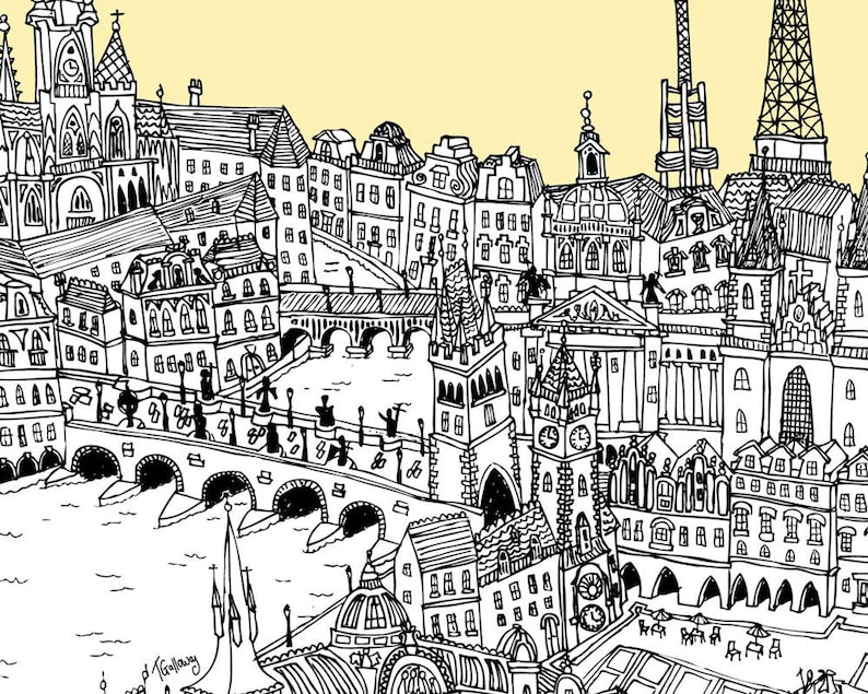 Op de afbeelding: Een zwart-witte lijntekening van een skyline met veel gebouwen, bruggen en een hoge toren. De tekening is op een gele achtergrond.