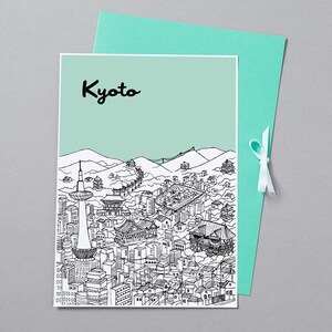 May include: A black and white line drawing of the Kyoto skyline with the text "Kyoto" at the top. The drawing features a cityscape with buildings, mountains, and a tower.