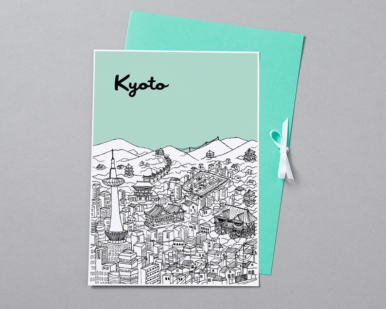 May include: A black and white line drawing of the Kyoto skyline with the text "Kyoto" at the top. The drawing features a cityscape with buildings, mountains, and a tower.