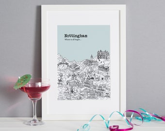 May include: A black and white illustration of the city of Nottingham, England. The illustration is on a light blue background with the text "Nottingham" and "Where is all began..." in black. The illustration shows buildings, streets, and landmarks.