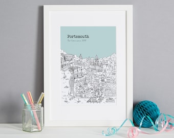 Personalised Portsmouth Print | Unique Portsmouth Wedding Gift | Portsmouth Illustration |  Portsmouth New Home Gift | Portsmouth Gift