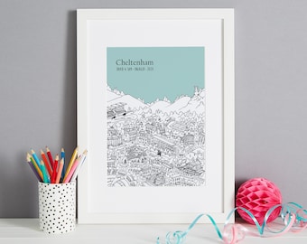Impression personnalisée de Cheltenham | Cadeau de mariage unique à Cheltenham | Illustration de Cheltenham | Cadeau pour maison neuve Cheltenham | Cadeau Cheltenham