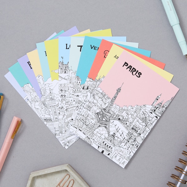 Set of 12 City Illustration Postcards | Wedding Table Centres | Wedding Invitations | Postcard Set | Set of Postcards | Letter Writing Set