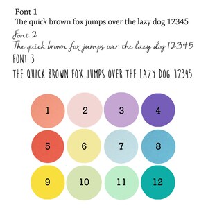 May include: A chart with 12 different colored circles, each with a number from 1 to 12 inside. The text above the circles reads "Font 1", "Font 2", and "FONT 3" with different font styles.