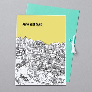 May include: A black and white line drawing of the New Orleans skyline on a yellow background. The drawing includes buildings, a bridge, a river, and a boat. The text "NEW ORLEANS" is at the top of the image.