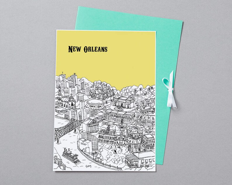 May include: A black and white line drawing of the New Orleans skyline on a yellow background. The drawing includes buildings, a bridge, a river, and a boat. The text "NEW ORLEANS" is at the top of the image.