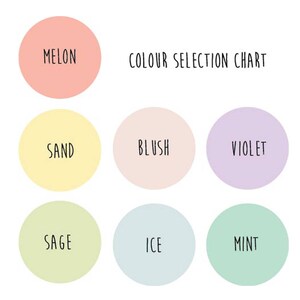 May include: Color selection chart with nine color swatches labeled: Melon, Sand, Blush, Violet, Sage, Ice, Mint.