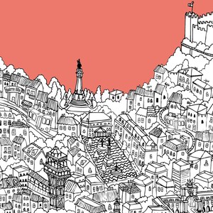 May include: A black and white line drawing illustration of a city with buildings, a castle, and a tram. The city is on a hill and the castle is on a hill in the background. The drawing is on a pink background.