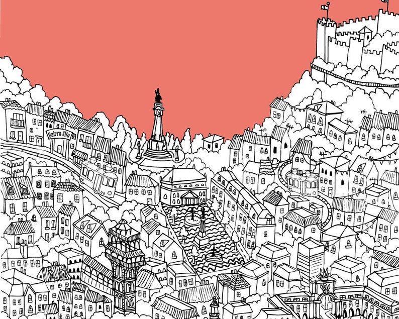May include: A black and white line drawing illustration of a city with buildings, a castle, and a tram. The city is on a hill and the castle is on a hill in the background. The drawing is on a pink background.