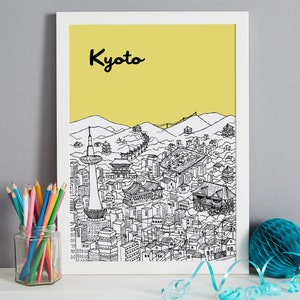 May include: A black and white line drawing of the Kyoto skyline on a yellow background. The drawing includes buildings, mountains, and a tower. The word "Kyoto" is written in black at the top of the image.