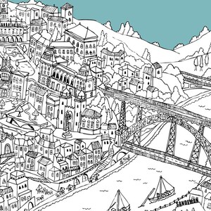 May include: Black and white illustration of a cityscape with buildings, bridges, and boats. The image features detailed architectural drawings of various structures, including churches, houses, and bridges. The illustration has a hand-drawn style, with a light blue background.