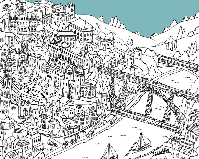 May include: Black and white illustration of a cityscape with buildings, bridges, and boats. The image features detailed architectural drawings of various structures, including churches, houses, and bridges. The illustration has a hand-drawn style, with a light blue background.