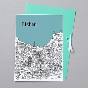 May include: A black and white line drawing illustration of the city of Lisbon, Portugal. The illustration depicts the city's skyline with buildings, a bridge, and a statue. The text "Lisbon" is written in black at the top of the image.