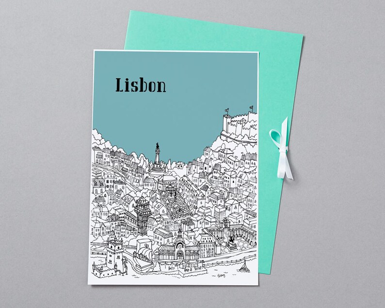 May include: A black and white line drawing illustration of the city of Lisbon, Portugal. The illustration depicts the city's skyline with buildings, a bridge, and a statue. The text "Lisbon" is written in black at the top of the image.