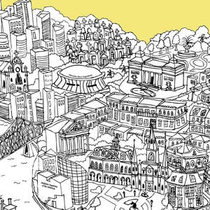 May include: A black and white line drawing of a city skyline with buildings, streets, and a bridge. The drawing is on a yellow background.