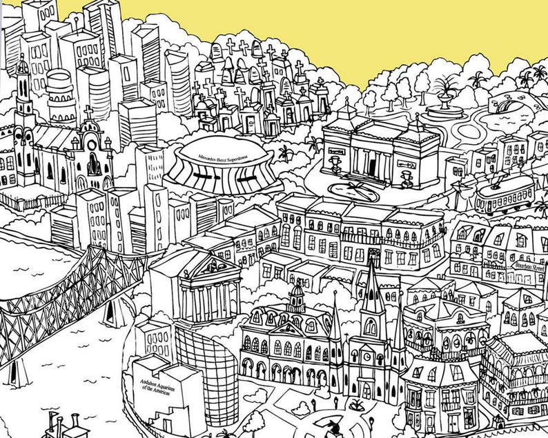 May include: A black and white line drawing of a city skyline with buildings, streets, and a bridge. The drawing is on a yellow background.