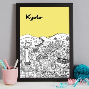 May include: Black and white line drawing of the Kyoto skyline with the text "Kyoto" in a yellow background. The drawing includes buildings, a tower, and mountains.