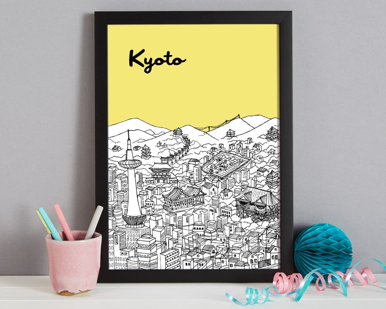 May include: Black and white line drawing of the Kyoto skyline with the text "Kyoto" in a yellow background. The drawing includes buildings, a tower, and mountains.