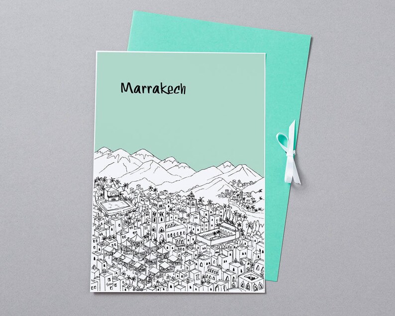 May include: A black and white line drawing of a city skyline with mountains in the background. The city is labeled "Marrakech" in black text.