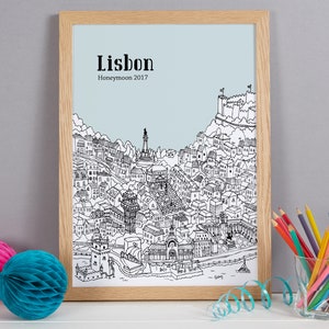 May include: A black and white line drawing of the city of Lisbon, Portugal. The drawing includes the city's iconic landmarks, such as the Jer&oacute;nimos Monastery and the Bel&eacute;m Tower. The text "Lisbon Honeymoon 2017" is printed at the top of the drawing.