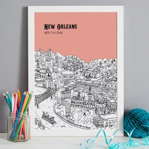 May include: A black and white line drawing of the New Orleans skyline on a pink background. The text "New Orleans" and "Where it all began..." is printed in black at the top of the image.