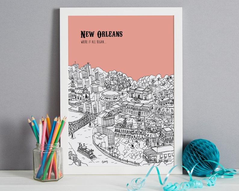 May include: A black and white line drawing of the New Orleans skyline on a pink background. The text "New Orleans" and "Where it all began..." is printed in black at the top of the image.