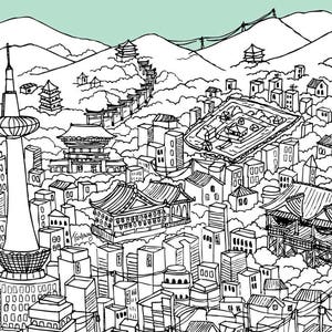 May include: A black and white line drawing of a city skyline with many buildings, including a tall tower in the center. The drawing is set against a light blue background.