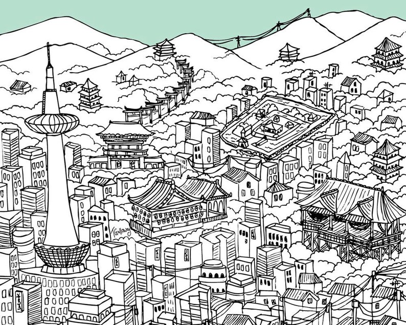May include: A black and white line drawing of a city skyline with many buildings, including a tall tower in the center. The drawing is set against a light blue background.
