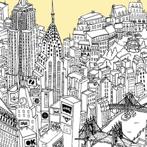 May include: Black and white illustration of a cityscape featuring iconic buildings, bridges, and architectural details. The artwork includes the Chrysler Building, billboards, and the text "New York". The drawing style is detailed and artistic, with a yellow background.